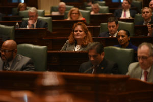 Senator Murphy listens to the governor's address.